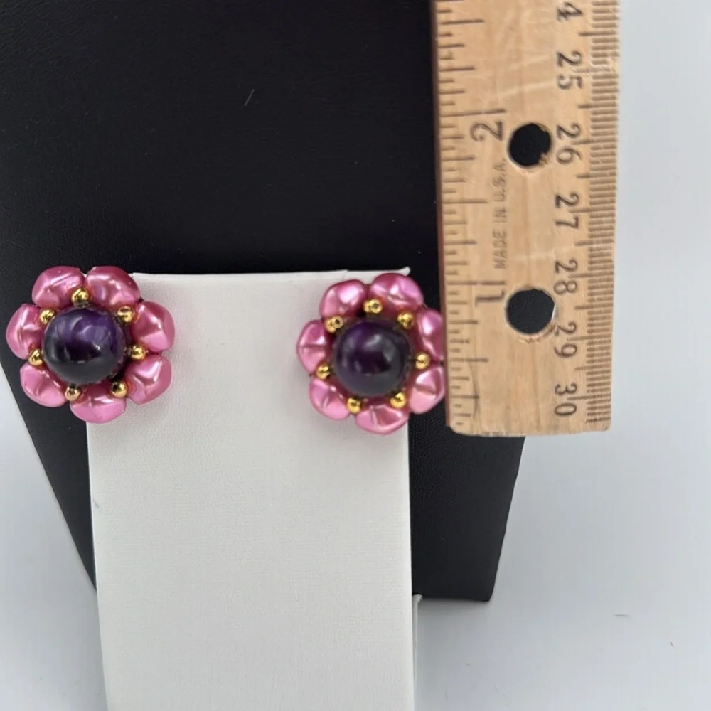 Vintage pink and purple floral cluster statement clip on earrings